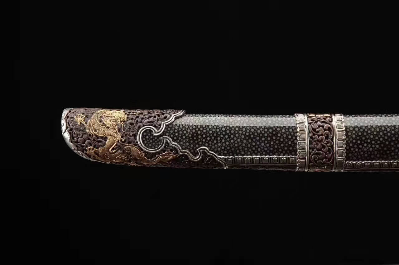 Loong broadsword,Damascus steel blade,Black skin scabbard,Brass fittings - Chinese sword shop