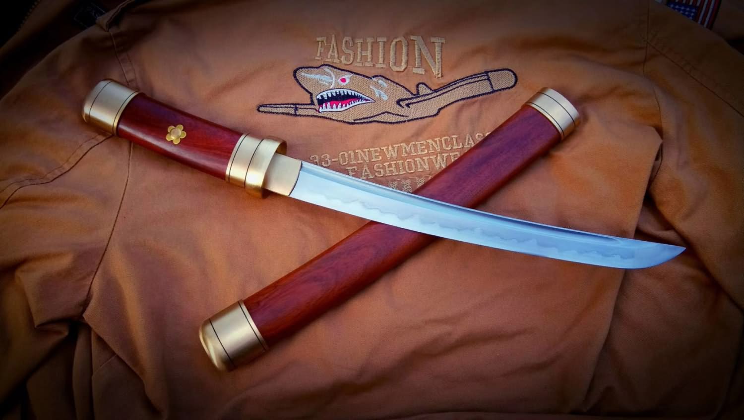 Katana,Damascus steel turn blade,Brass,Redwood scabbard - Chinese sword shop