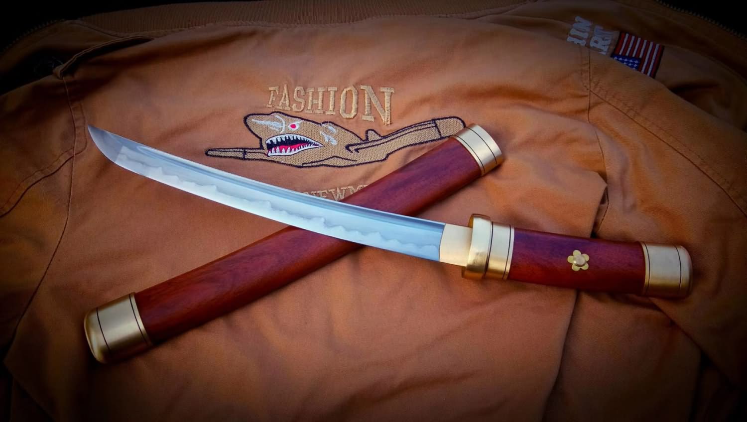 Katana,Damascus steel turn blade,Brass,Redwood scabbard - Chinese sword shop