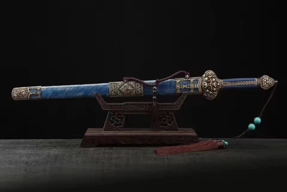 Yongle sword,Damascus steel blade,Blue skin scabbard,Brass - Chinese sword shop