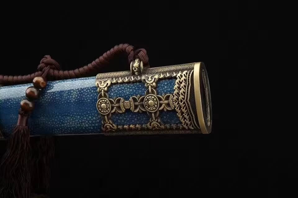 Yongle sword,Damascus steel blade,Blue skin scabbard,Brass - Chinese sword shop